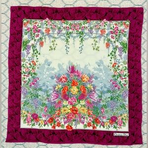 DIOR Rare Vintage 90’s Pink Floral Garden Bouquet Plum Border 100% Silk Scarf